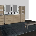 Bathroom Vanity With Double Sinks Mirrors Cabinets Towels Drawers Bench And Rug