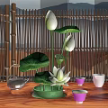 Blooming White Lotus Flowers In Vase With Green Leaves Buds Bamboo Screen And Teapot