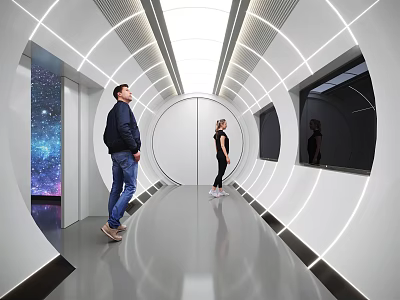 Modern Corridor With Two People White Curved Walls Lighting Circular Windows And Starry Sky 3d model