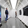 Modern Corridor With Two People White Curved Walls Lighting Circular Windows And Starry Sky