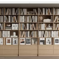 Modern Multi Section Bookshelf Interior With Stacked Books Decorative Sculptures And Photo Frames