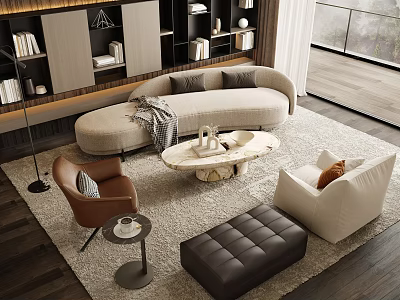 Modern Living Room Featuring Curved Beige Sofa Round Wooden Coffee Table And Accent Chairs 3d model