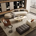 Modern Living Room Featuring Curved Beige Sofa Round Wooden Coffee Table And Accent Chairs