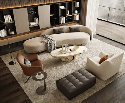 Modern Living Room Featuring Curved Beige Sofa Round Wooden Coffee Table And Accent Chairs 3d model
