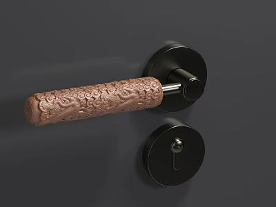 Copper Door Handle With Intricate Carved Pattern And Black Metal Base 3d model