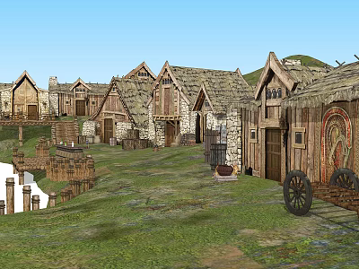 Row of Rustic Cottage Buildings with Thatched Roofs and Wooden Facades in Green Village 3d model