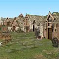 Row of Rustic Cottage Buildings with Thatched Roofs and Wooden Facades in Green Village