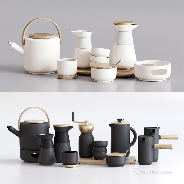 Modern Minimalist White And Black Tea Sets With Teapots Cups Trays And Wooden Handles 3d model 