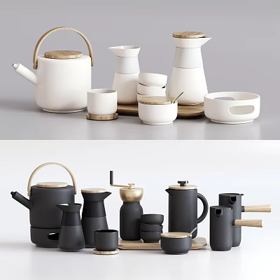 Modern Minimalist White And Black Tea Sets With Teapots Cups Trays And Wooden Handles 3d model