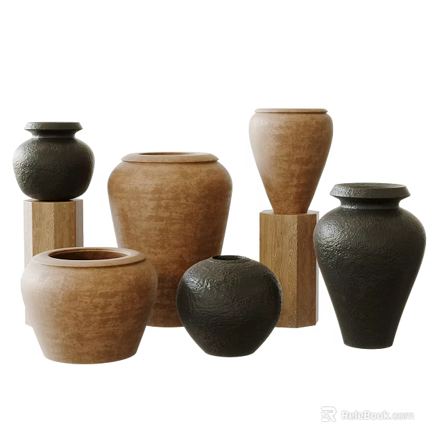 Black and Brown Ceramic Vessels in Various Shapes on Wooden Stands 3d model 