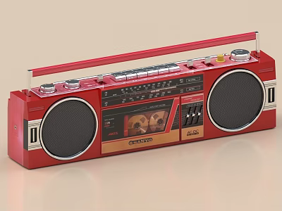 Red Retro Boombox With Speakers And Cassette Player 3d model