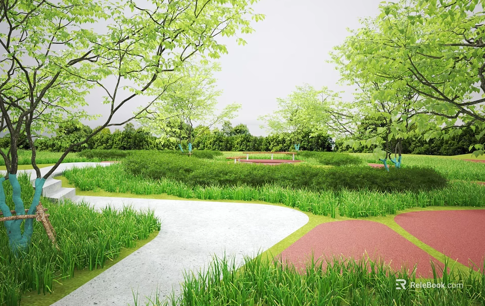 Park Landscape With Lush Green Trees Winding Walkway Green Grass And Red Paved Areas 3d model 