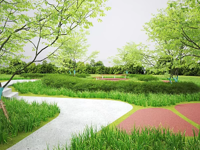 Park Landscape With Lush Green Trees Winding Walkway Green Grass And Red Paved Areas 3d model