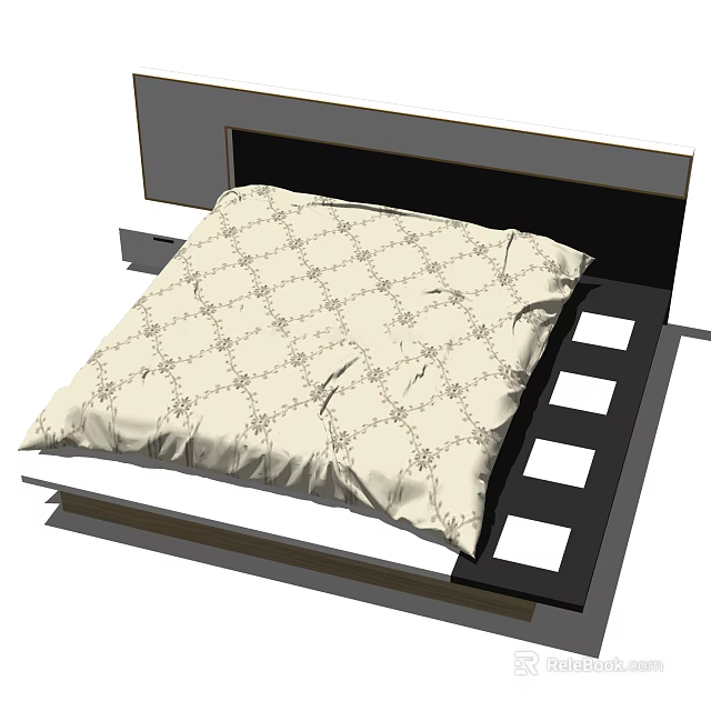 Modern Double Bed With Dark Headboard And Beige Quilted Pattern Bedspread 3d model 