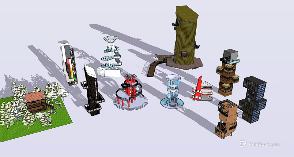 Creative Modern Sculptural Installations With Unique Shapes Spiral Designs And Colorful Elements 3d model