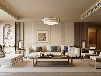 New Chinese Song Style Living Room Sofa Coffee Table Combination Leisure Chair Chandelier Hanging Picture 3d model