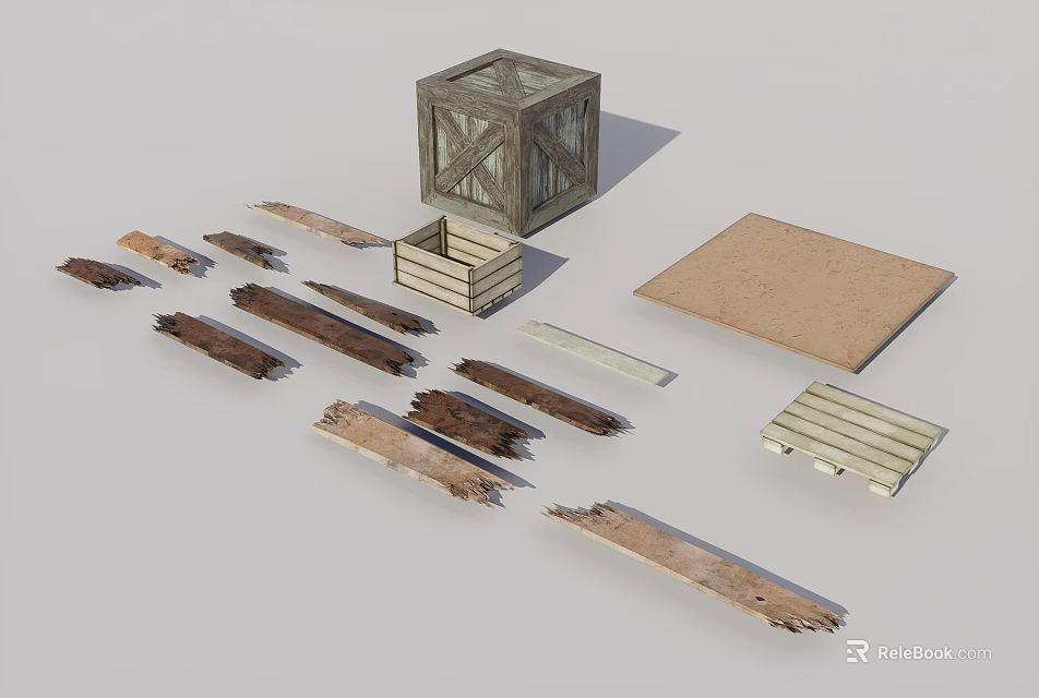 Rustic Wooden Crate And Various Textured Planks In Scattered Arrangement 3d model 