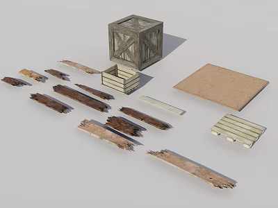 Rustic Wooden Crate And Various Textured Planks In Scattered Arrangement 3d model