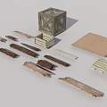 Rustic Wooden Crate And Various Textured Planks In Scattered Arrangement