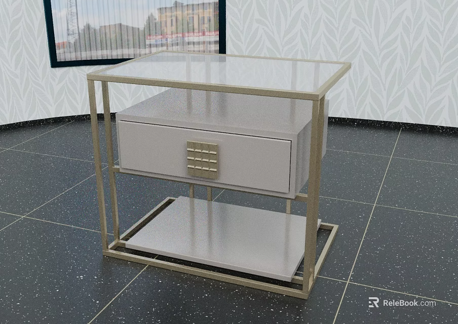 Elegant Modern Nightstand With Gold Frame Glass Top Drawer And Lower Shelf 3d model 
