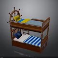 Wooden Bunk Bed With Ship Wheel Decor And Colorful Upper Lower Mattresses