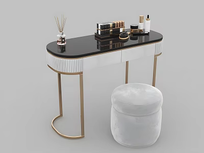 Elegant Modern Dressing Table with Black Top Gold Metal Frame and White Faux Fur Stool 3d model