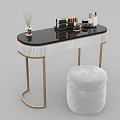 Elegant Modern Dressing Table with Black Top Gold Metal Frame and White Faux Fur Stool