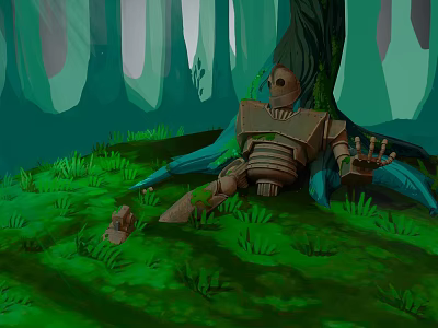 Cartoon Forest Scene With Broken Robot Leaning On Tree Trunk Fallen Arm And Green Grass 3d model