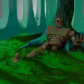 Cartoon Forest Scene With Broken Robot Leaning On Tree Trunk Fallen Arm And Green Grass