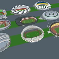 Various Modern Stadium Designs With Unique Architectural Structures And Green Fields 3d model