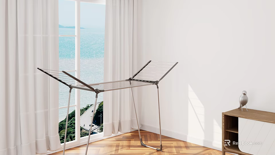 Indoor Clothes Drying Rack in Bright Room with White Curtains and Sea View 3d model 