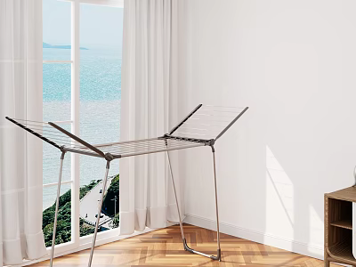 Indoor Clothes Drying Rack in Bright Room with White Curtains and Sea View 3d model