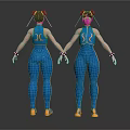 Humanoid Female Character In Blue Bodysuit With Double Bun Hairstyle Arm Bands Orange Shoes