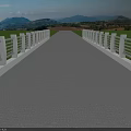 Long Bridge With Gray Road Surface And White Railings Over Green Fields And Mountains