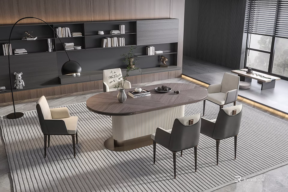 Modern Oval Dining Table Set With Four Chairs And Bookshelf Decorations 3d model 