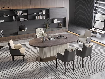 Modern Oval Dining Table Set With Four Chairs And Bookshelf Decorations 3d model