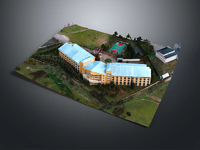 Cartoon Scene Featuring Yellow Buildings Blue Roofs Green Grass Trees And Red Playground 3d model