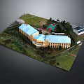Cartoon Scene Featuring Yellow Buildings Blue Roofs Green Grass Trees And Red Playground