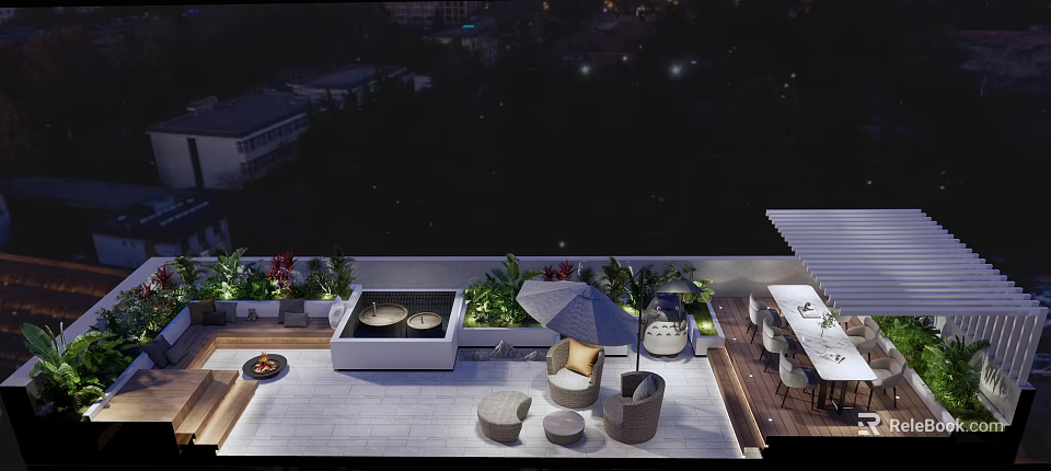 Elegant Roof Garden Space With Outdoor Seating Fire Pit And Night View 3d model 