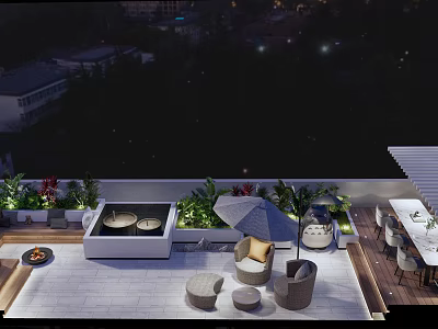 Elegant Roof Garden Space With Outdoor Seating Fire Pit And Night View 3d model