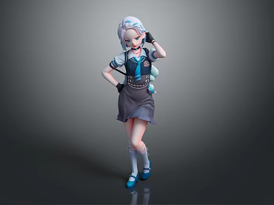 Cute Anime Girl Character With Little Creature In Blue Black Outfit And Gray Skirt 3d model