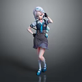 Cute Anime Girl Character With Little Creature In Blue Black Outfit And Gray Skirt