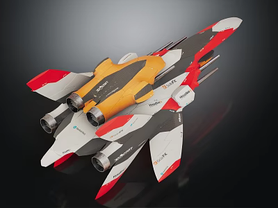 Detailed Sci-Fi Aircraft Model Red White Orange Sleek Aerodynamic Design With Multiple Engines 3d model