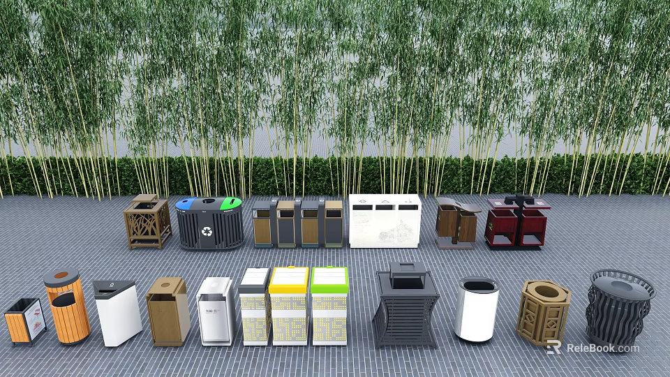 Outdoor Public Waste Bins Collection With Various Designs And Tree Background 3d model 