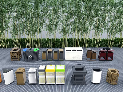 Outdoor Public Waste Bins Collection With Various Designs And Tree Background 3d model