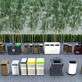 Outdoor Public Waste Bins Collection With Various Designs And Tree Background