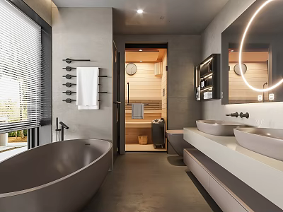 Modern Bathroom Interior Design With Freestanding Bathtub Double Sinks Sauna Room And Round Mirror 3d model