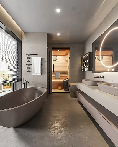 Modern Bathroom Interior Design With Freestanding Bathtub Double Sinks Sauna Room And Round Mirror 3d model