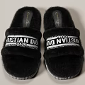 Beige Fluffy Home Slippers With Black Letter Straps And Logo Design