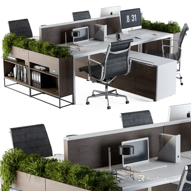 Modern Cubicle Office Desk With Green Plants Computer Monitors And Black Chairs 3d model 